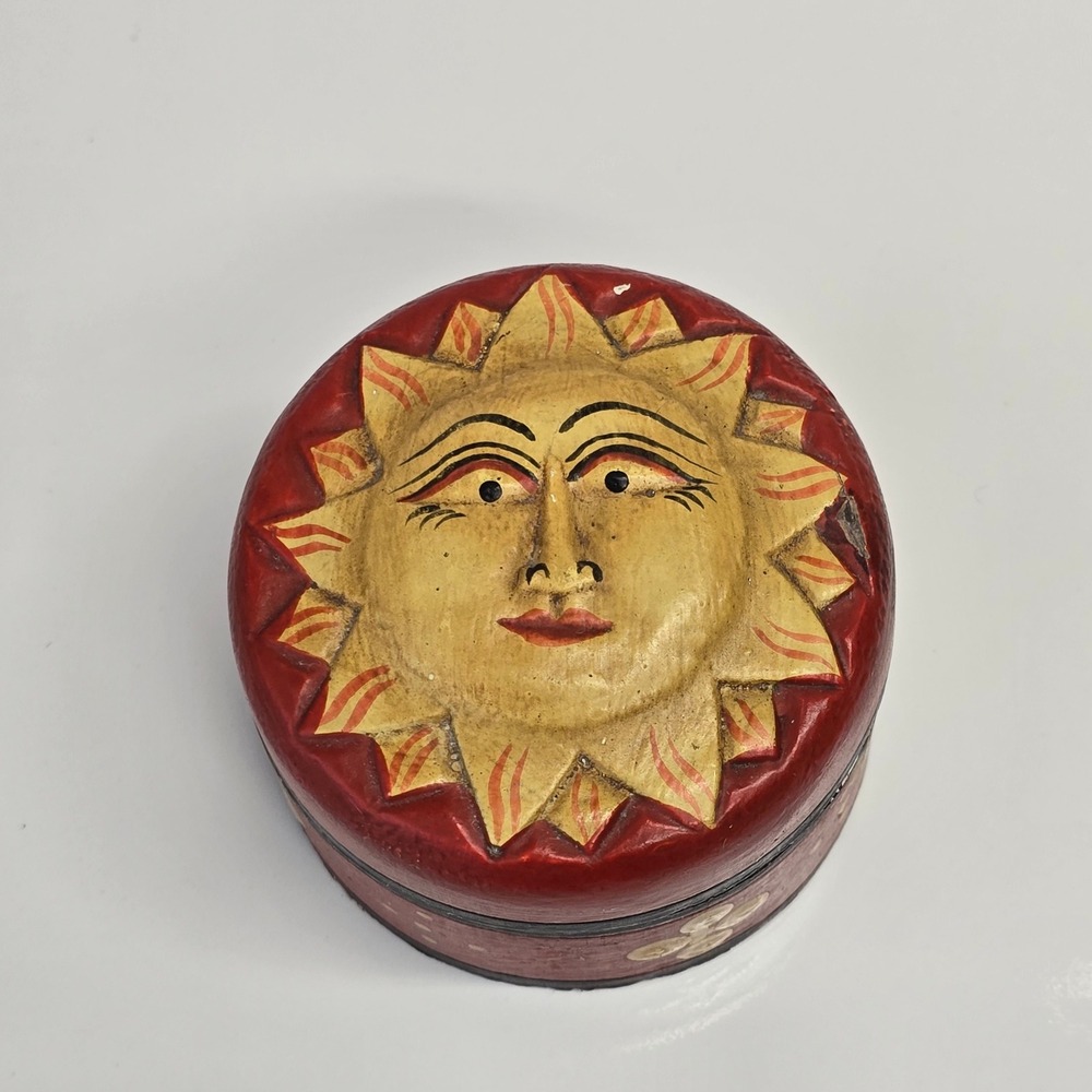 Vintage Anthropomorphic Sun Trinket Box Red‎ Hand Painted Celestial Folk Art